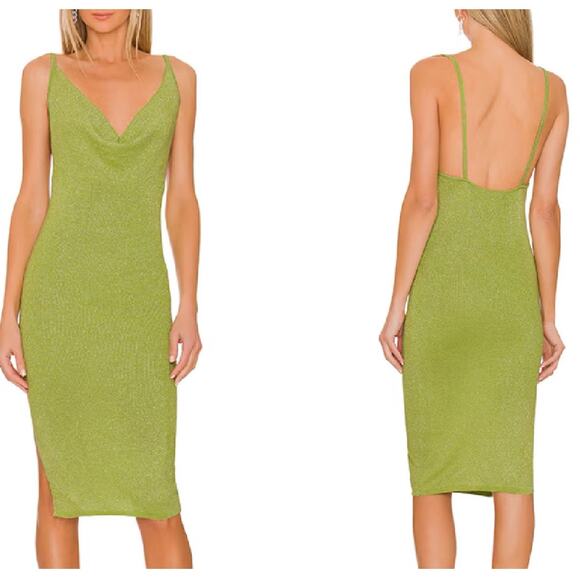Superdown Sabrina Knit Midi Dress XS Green Metallic Party Cocktail Draped Neck - Picture 1 of 12